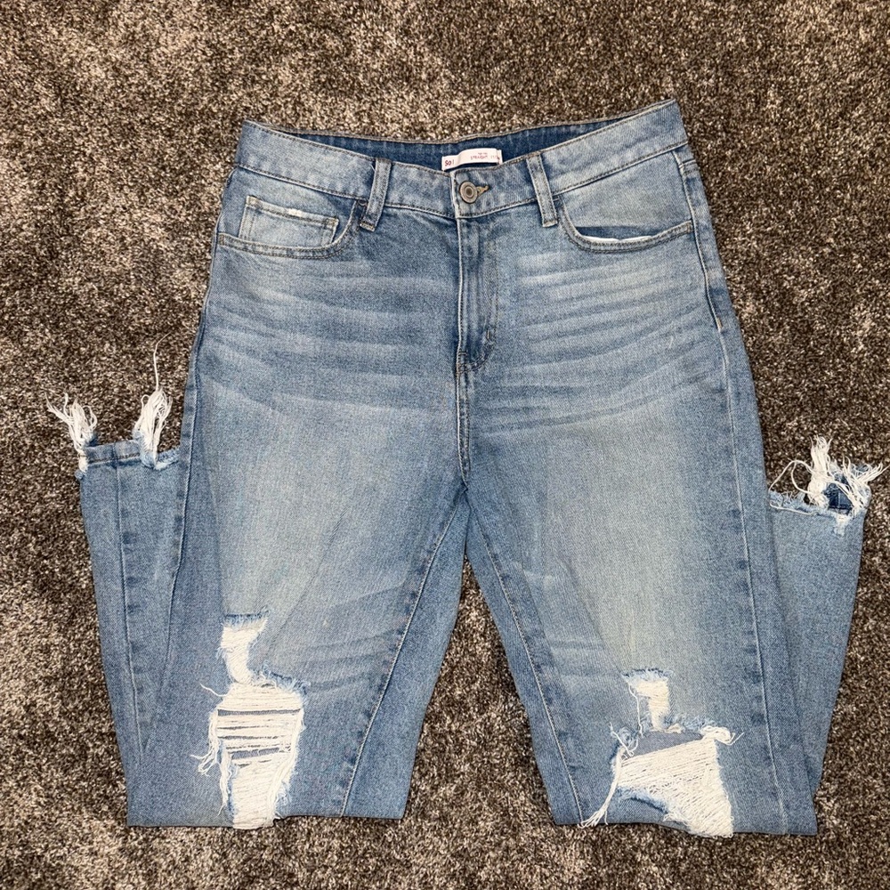 SO Blue Skinny Mom Jeans with Distressed Details Size 11